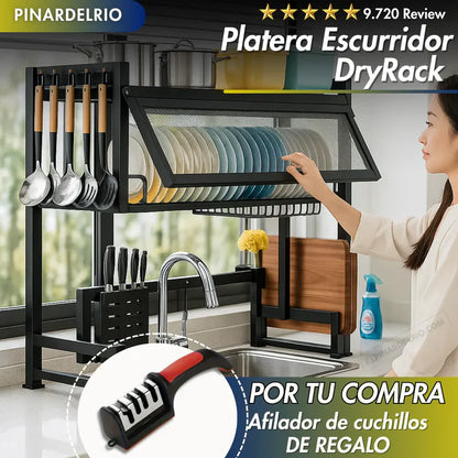 🧼 ESCURRIDOR DE PLATOS PARA COCINA CON TAPA + AFILADOR DE CUCHILLOS GRATIS